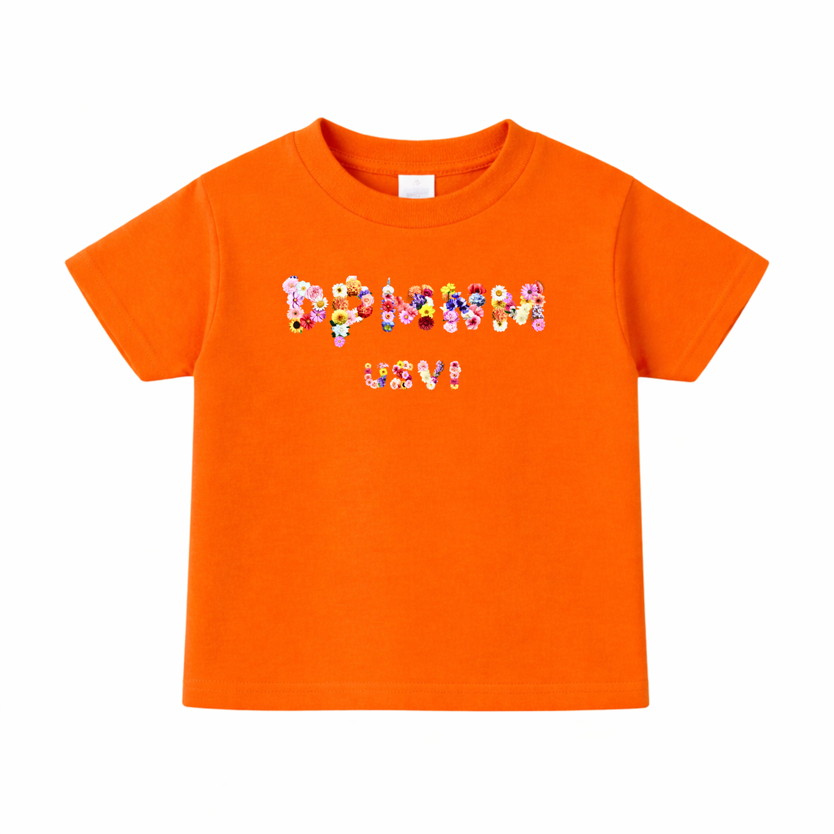 Orange t-shirt with colorful text design on a white background