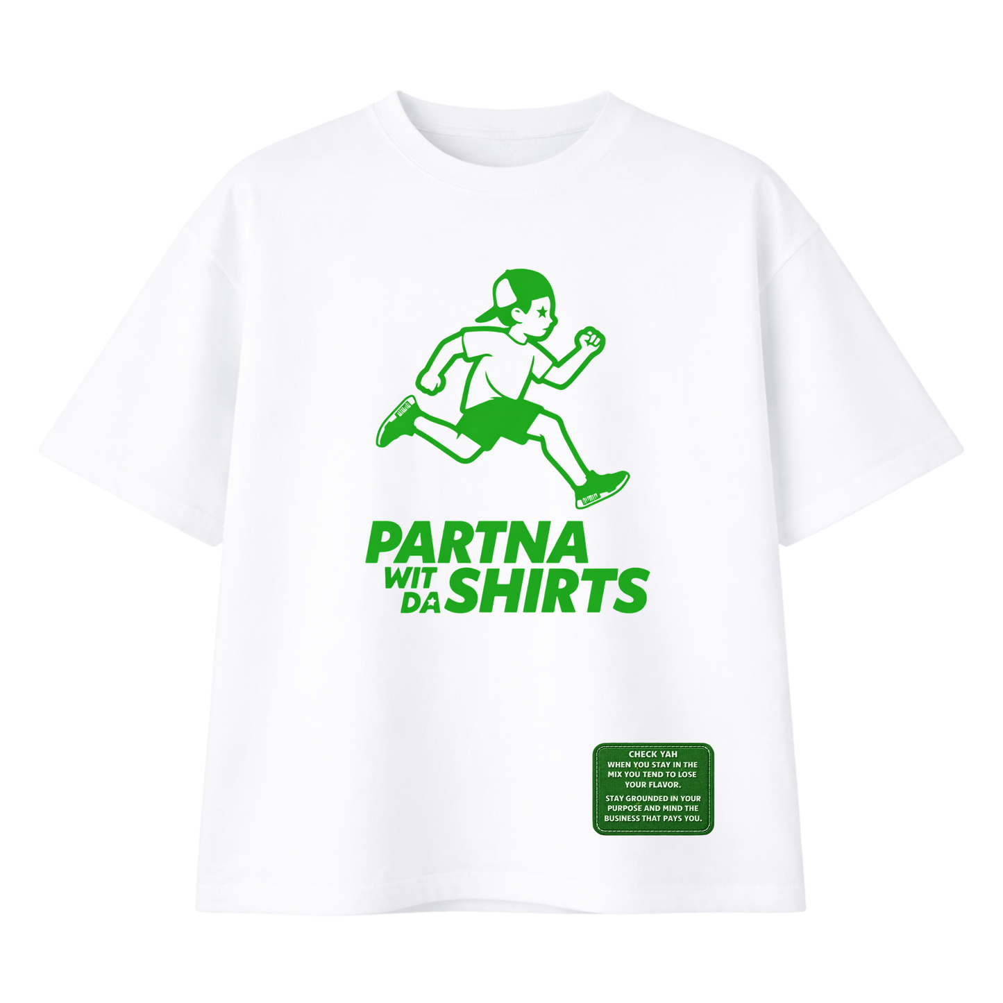 Unisex White "Partna Wid Da Shirts" Green | Oversized Tee
