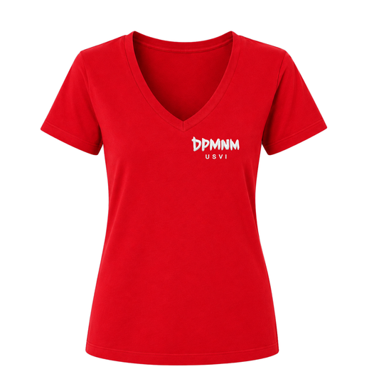 Womens Red Embroidered Print V-neck Tee